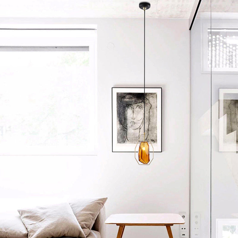 Contemporary Scandinavian Stone Irregular Cylinder Iron Glass 1-Light Pendant Light For Bedroom