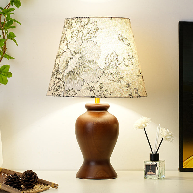 Modern Art Deco Printed Cylinder Cone Wood Fabric 1-Light Table Lamp For Bedroom
