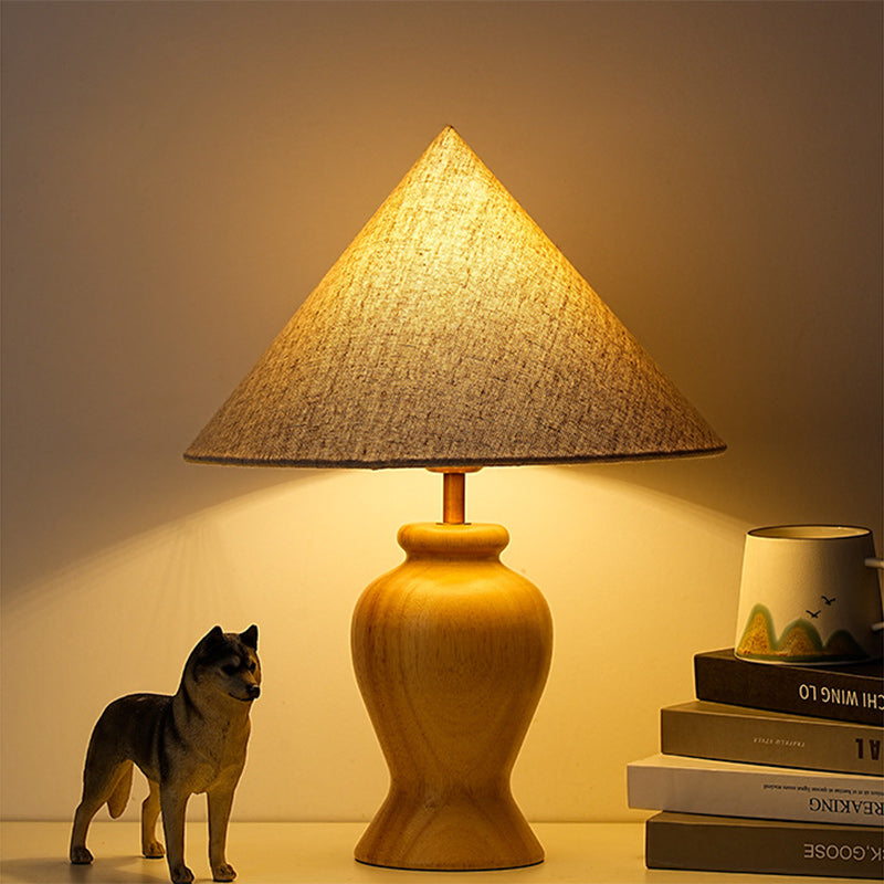 Modern Art Deco Printed Cylinder Cone Wood Fabric 1-Light Table Lamp For Bedroom