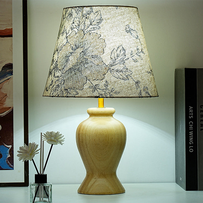 Modern Art Deco Printed Cylinder Cone Wood Fabric 1-Light Table Lamp For Bedroom