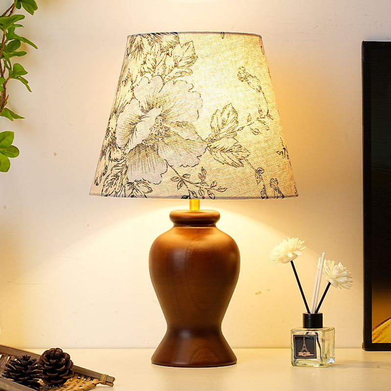 Modern Art Deco Printed Cylinder Cone Wood Fabric 1-Light Table Lamp For Bedroom