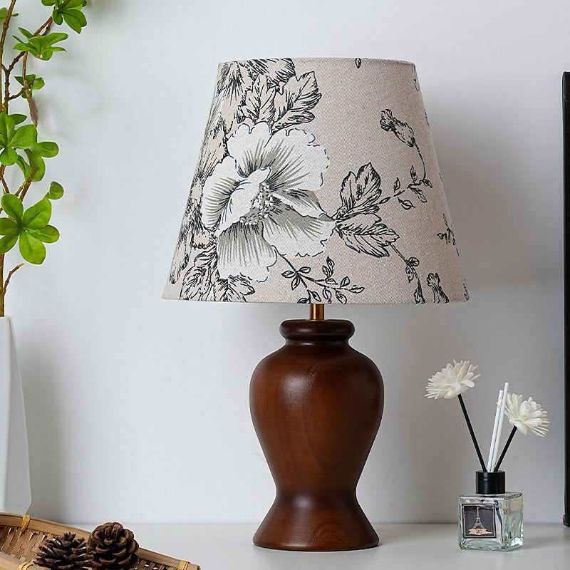 Modern Art Deco Printed Cylinder Cone Wood Fabric 1-Light Table Lamp For Bedroom