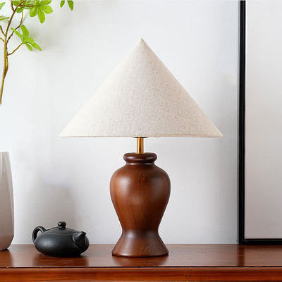 Modern Art Deco Printed Cylinder Cone Wood Fabric 1-Light Table Lamp For Bedroom
