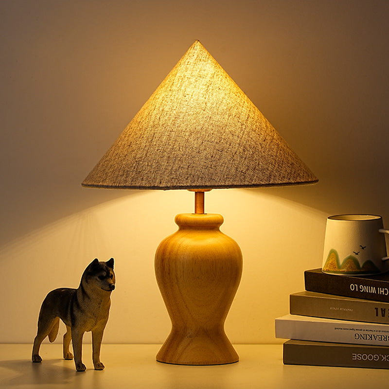 Modern Art Deco Printed Cylinder Cone Wood Fabric 1-Light Table Lamp For Bedroom
