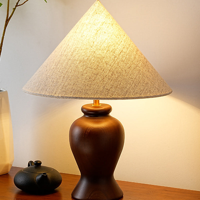 Modern Art Deco Printed Cylinder Cone Wood Fabric 1-Light Table Lamp For Bedroom