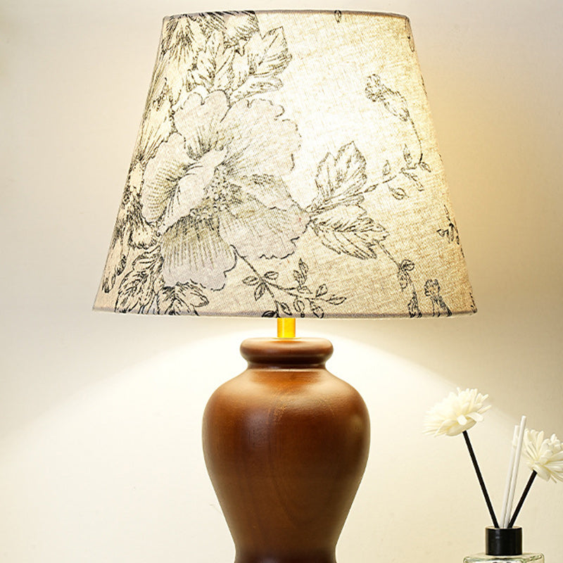 Modern Art Deco Printed Cylinder Cone Wood Fabric 1-Light Table Lamp For Bedroom