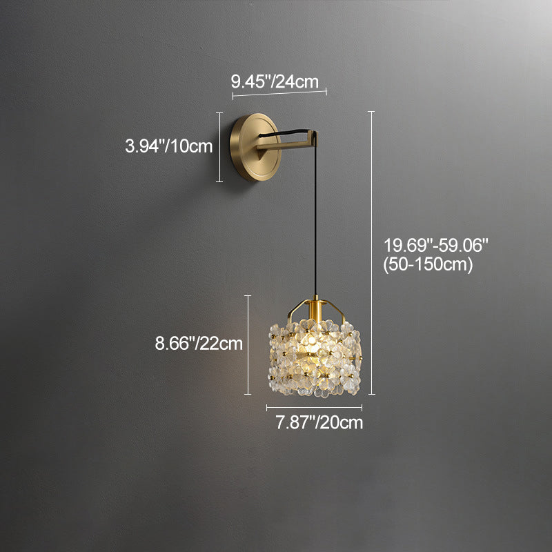 Modern Luxury Romantic Flower Round Cylinder Copper Crystal 1-Light Wall Sconce Lamp For Bedroom