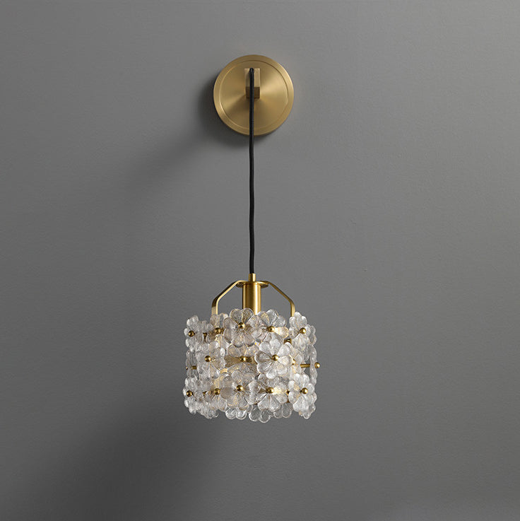 Modern Luxury Romantic Flower Round Cylinder Copper Crystal 1-Light Wall Sconce Lamp For Bedroom