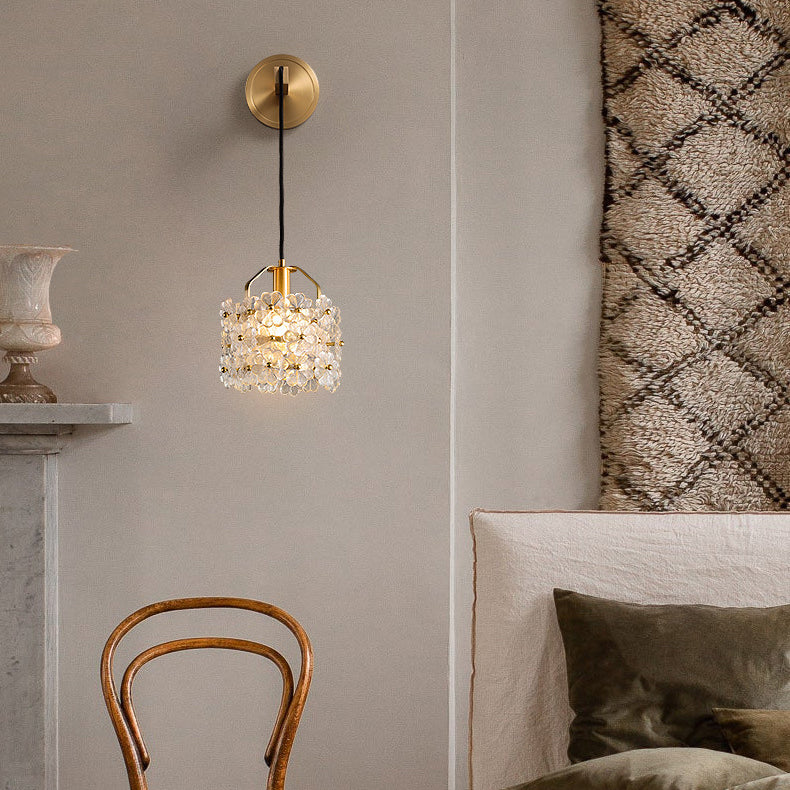 Modern Luxury Romantic Flower Round Cylinder Copper Crystal 1-Light Wall Sconce Lamp For Bedroom