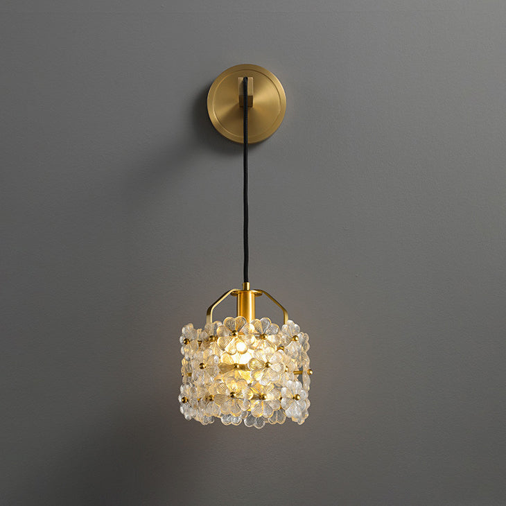 Modern Luxury Romantic Flower Round Cylinder Copper Crystal 1-Light Wall Sconce Lamp For Bedroom