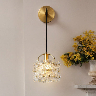Modern Luxury Romantic Flower Round Cylinder Copper Crystal 1-Light Wall Sconce Lamp For Bedroom