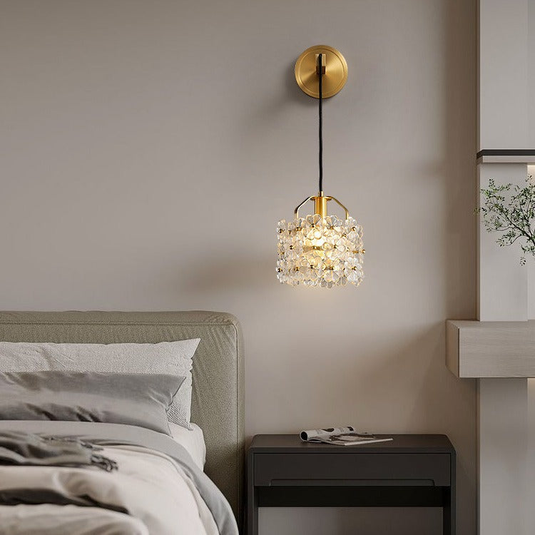 Modern Luxury Romantic Flower Round Cylinder Copper Crystal 1-Light Wall Sconce Lamp For Bedroom