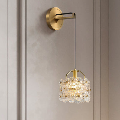 Modern Luxury Romantic Flower Round Cylinder Copper Crystal 1-Light Wall Sconce Lamp For Bedroom