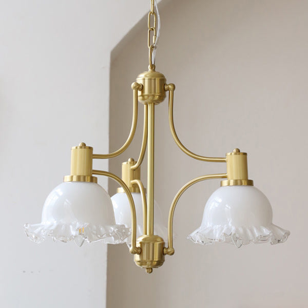 Traditional French Floral Round Copper Glass 3/5 Light Chandelier For Living Room