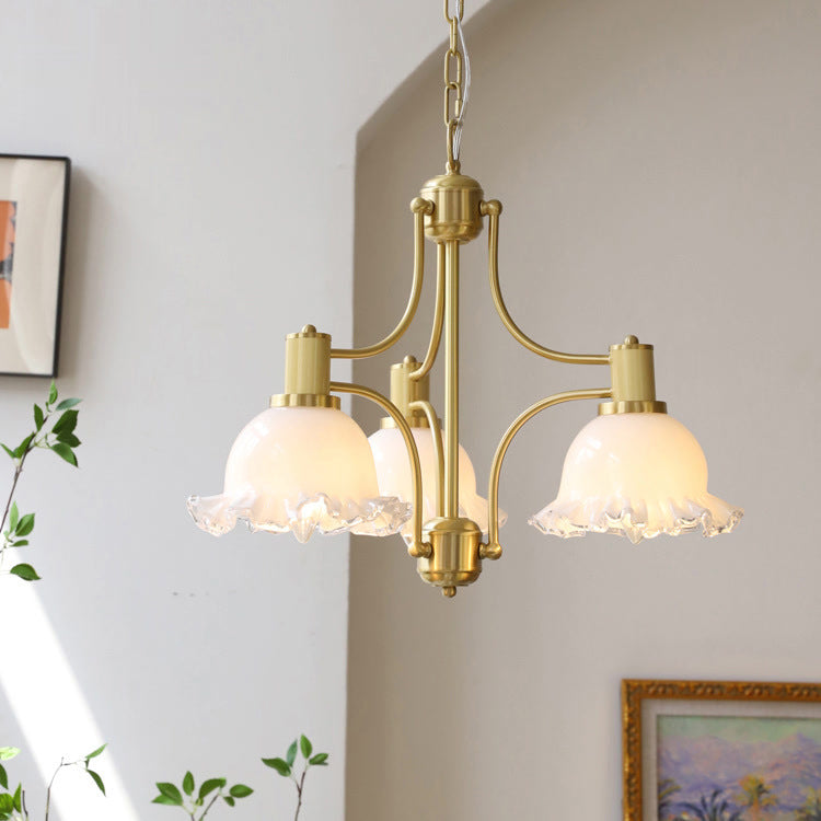 Traditional French Floral Round Copper Glass 3/5 Light Chandelier For Living Room