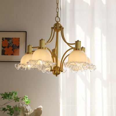 Traditional French Floral Round Copper Glass 3/5 Light Chandelier For Living Room