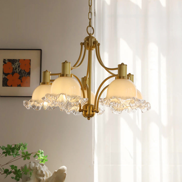 Traditional French Floral Round Copper Glass 3/5 Light Chandelier For Living Room