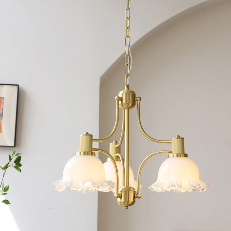 Traditional French Floral Round Copper Glass 3/5 Light Chandelier For Living Room