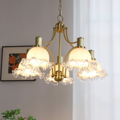 Traditional French Floral Round Copper Glass 3/5 Light Chandelier For Living Room