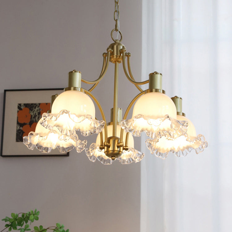 Traditional French Floral Round Copper Glass 3/5 Light Chandelier For Living Room