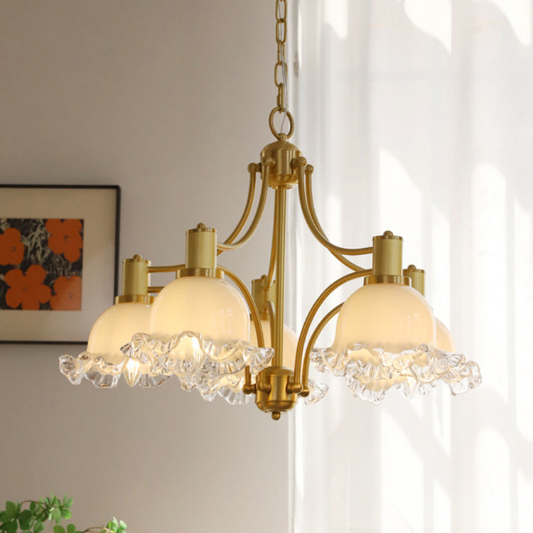 Traditional French Floral Round Copper Glass 3/5 Light Chandelier For Living Room