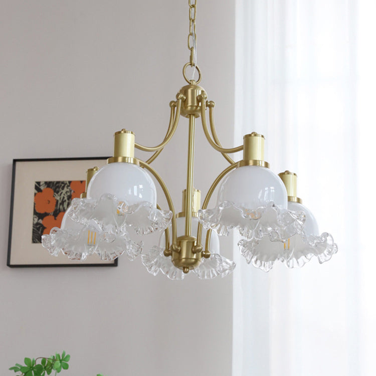 Traditional French Floral Round Copper Glass 3/5 Light Chandelier For Living Room