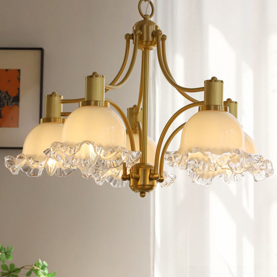 Traditional French Floral Round Copper Glass 3/5 Light Chandelier For Living Room