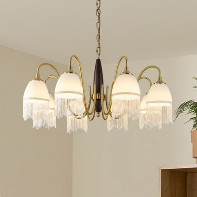 Traditional French Tassel Round Oval Iron Wood Glass 3/5/8 Light Chandelier For Living Room