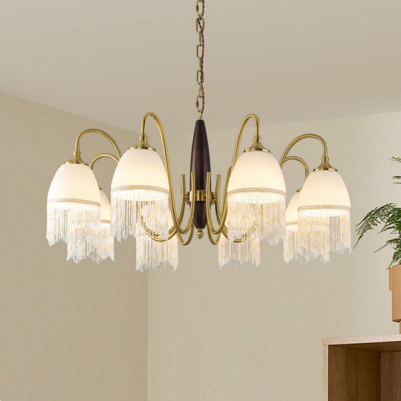 Traditional French Tassel Round Oval Iron Wood Glass 3/5/8 Light Chandelier For Living Room