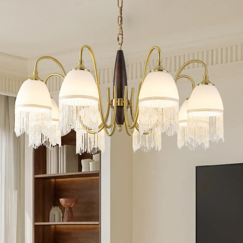 Traditional French Tassel Round Oval Iron Wood Glass 3/5/8 Light Chandelier For Living Room