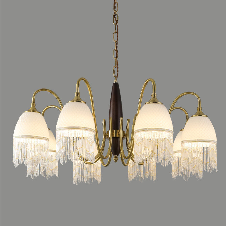 Traditional French Tassel Round Oval Iron Wood Glass 3/5/8 Light Chandelier For Living Room