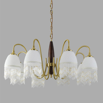 Traditional French Tassel Round Oval Iron Wood Glass 3/5/8 Light Chandelier For Living Room
