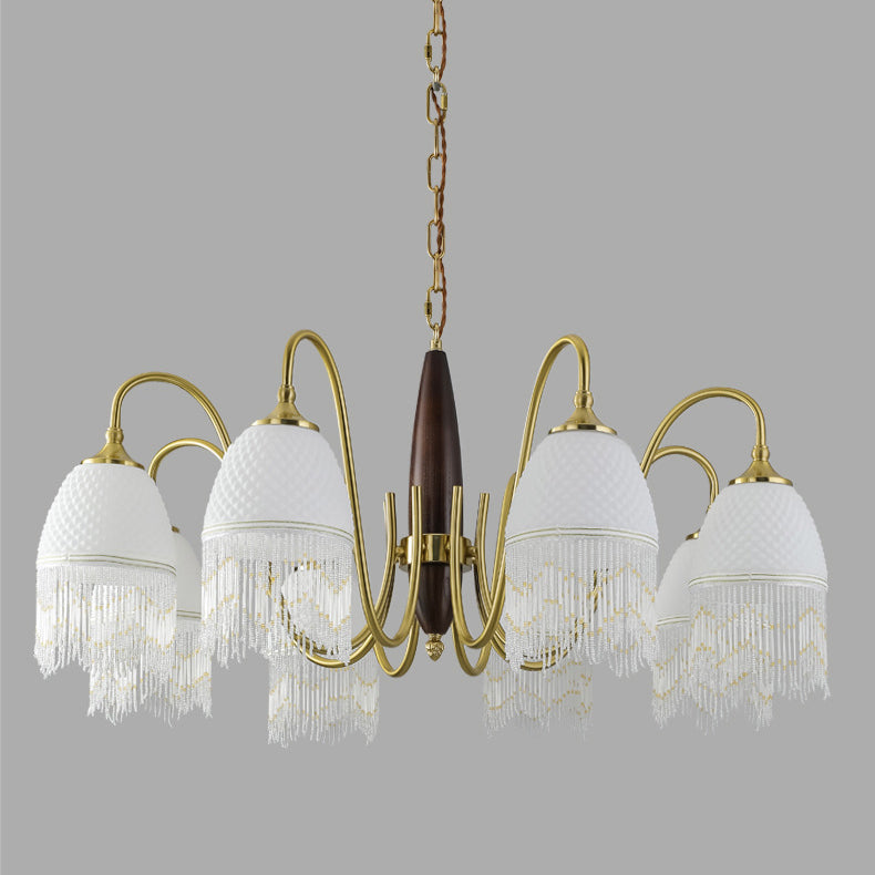 Traditional French Tassel Round Oval Iron Wood Glass 3/5/8 Light Chandelier For Living Room