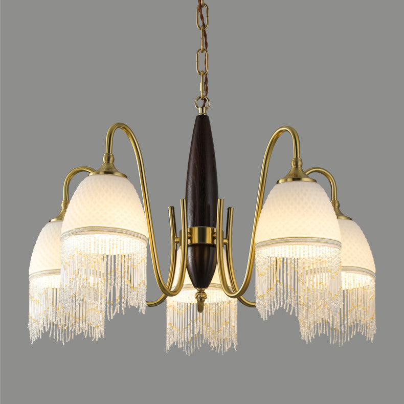 Traditional French Tassel Round Oval Iron Wood Glass 3/5/8 Light Chandelier For Living Room