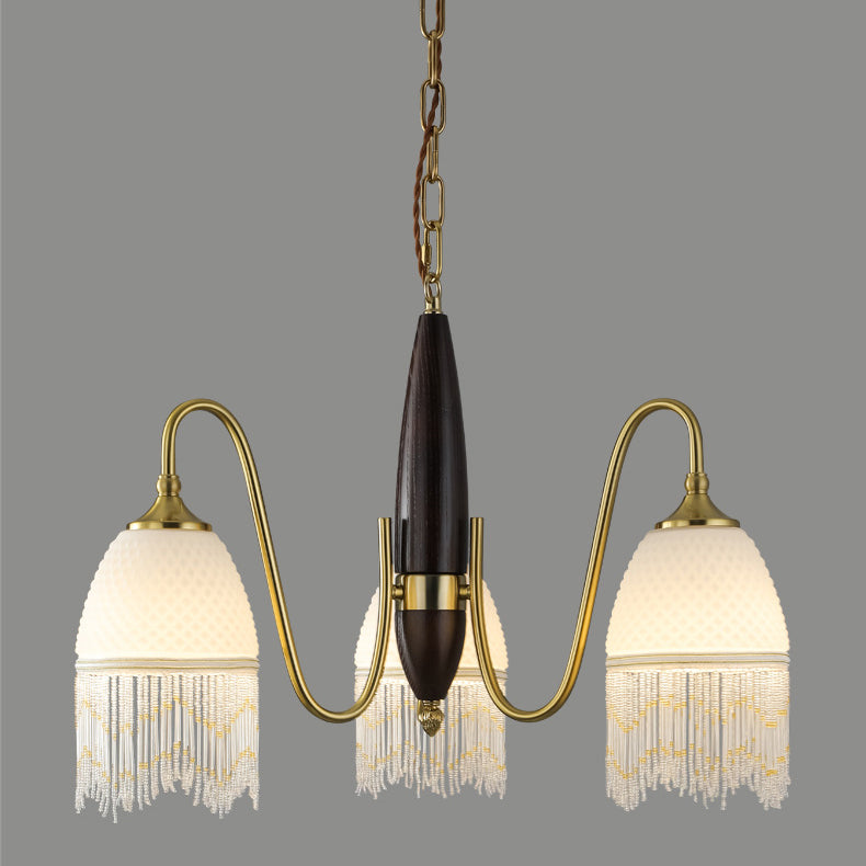 Traditional French Tassel Round Oval Iron Wood Glass 3/5/8 Light Chandelier For Living Room
