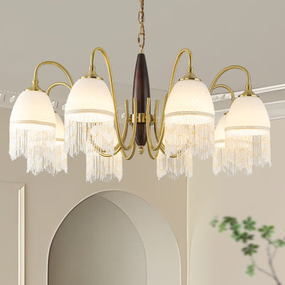 Traditional French Tassel Round Oval Iron Wood Glass 3/5/8 Light Chandelier For Living Room
