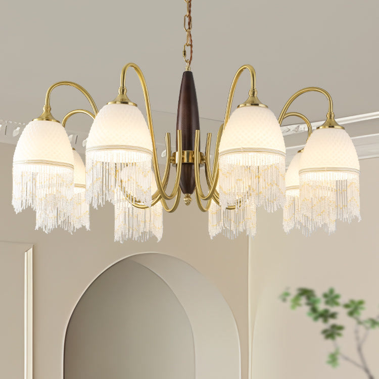 Traditional French Tassel Round Oval Iron Wood Glass 3/5/8 Light Chandelier For Living Room