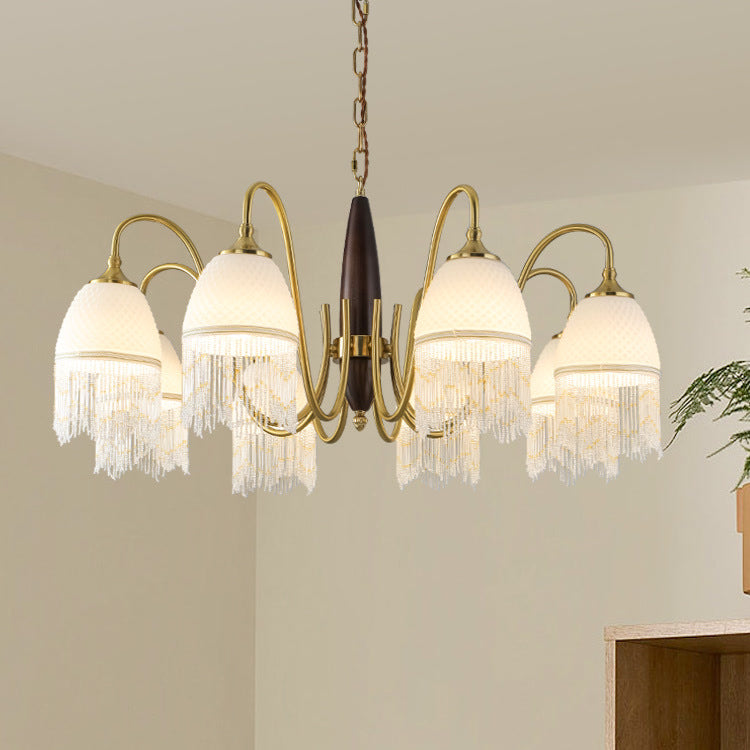 Traditional French Tassel Round Oval Iron Wood Glass 3/5/8 Light Chandelier For Living Room