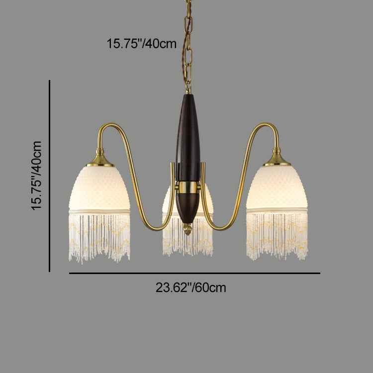 Traditional French Tassel Round Oval Iron Wood Glass 3/5/8 Light Chandelier For Living Room