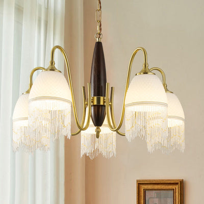 Traditional French Tassel Round Oval Iron Wood Glass 3/5/8 Light Chandelier For Living Room