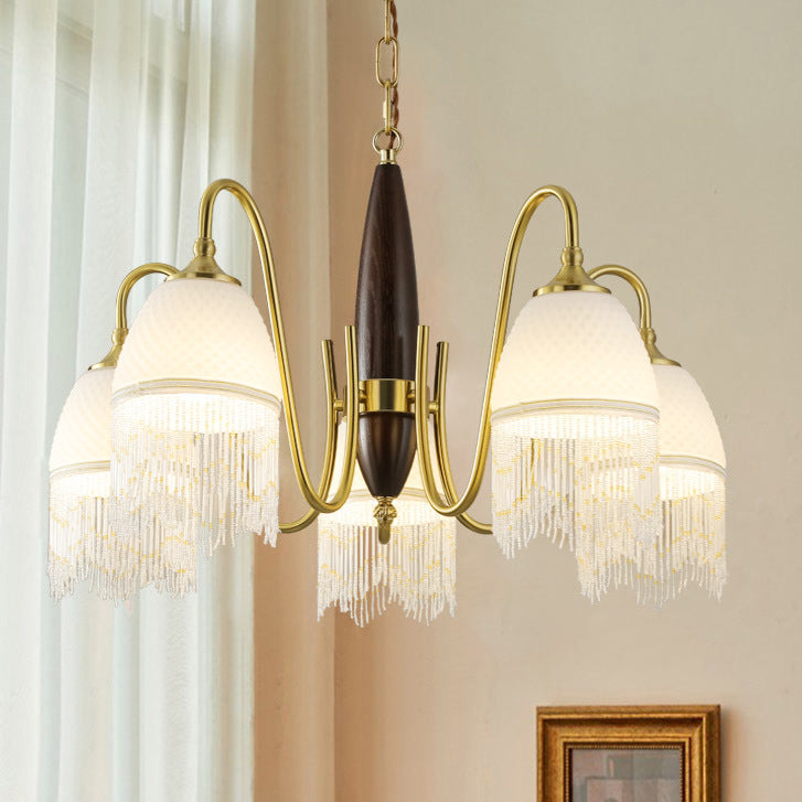 Traditional French Tassel Round Oval Iron Wood Glass 3/5/8 Light Chandelier For Living Room