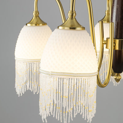 Traditional French Tassel Round Oval Iron Wood Glass 3/5/8 Light Chandelier For Living Room