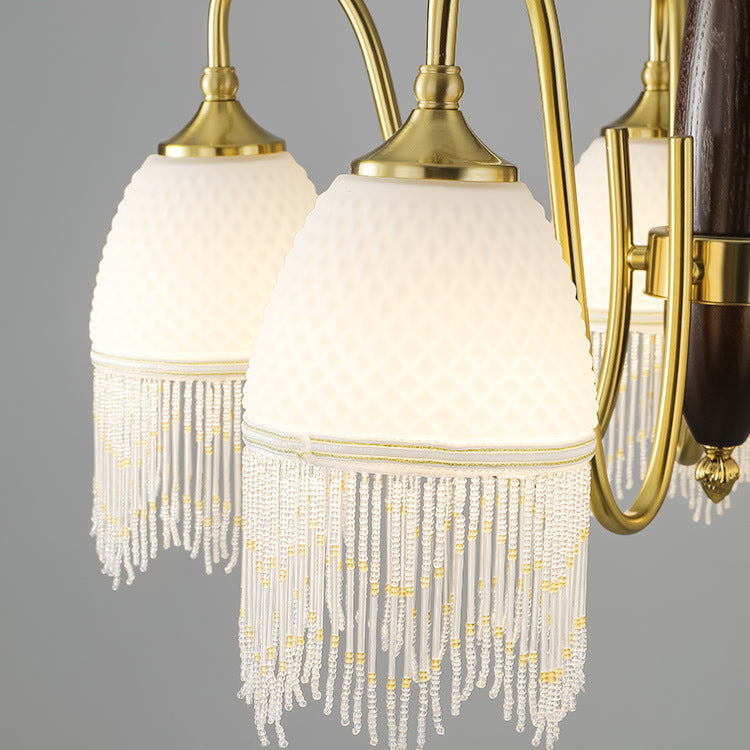 Traditional French Tassel Round Oval Iron Wood Glass 3/5/8 Light Chandelier For Living Room