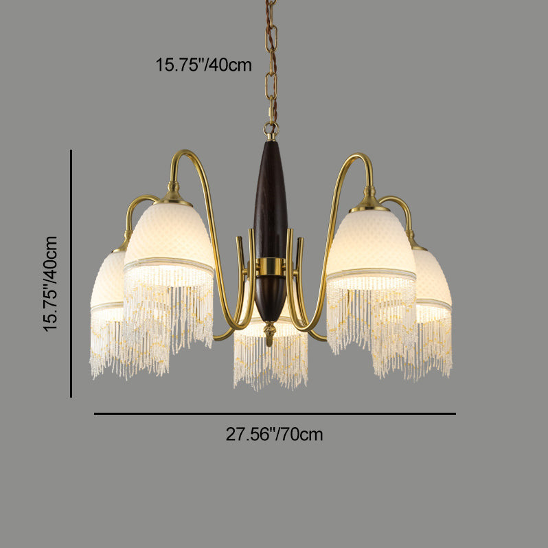 Traditional French Tassel Round Oval Iron Wood Glass 3/5/8 Light Chandelier For Living Room