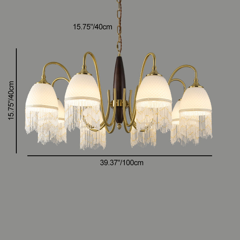 Traditional French Tassel Round Oval Iron Wood Glass 3/5/8 Light Chandelier For Living Room