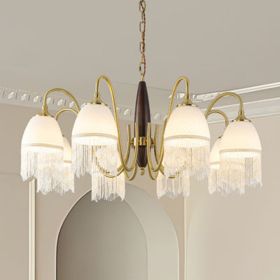 Traditional French Tassel Round Oval Iron Wood Glass 3/5/8 Light Chandelier For Living Room