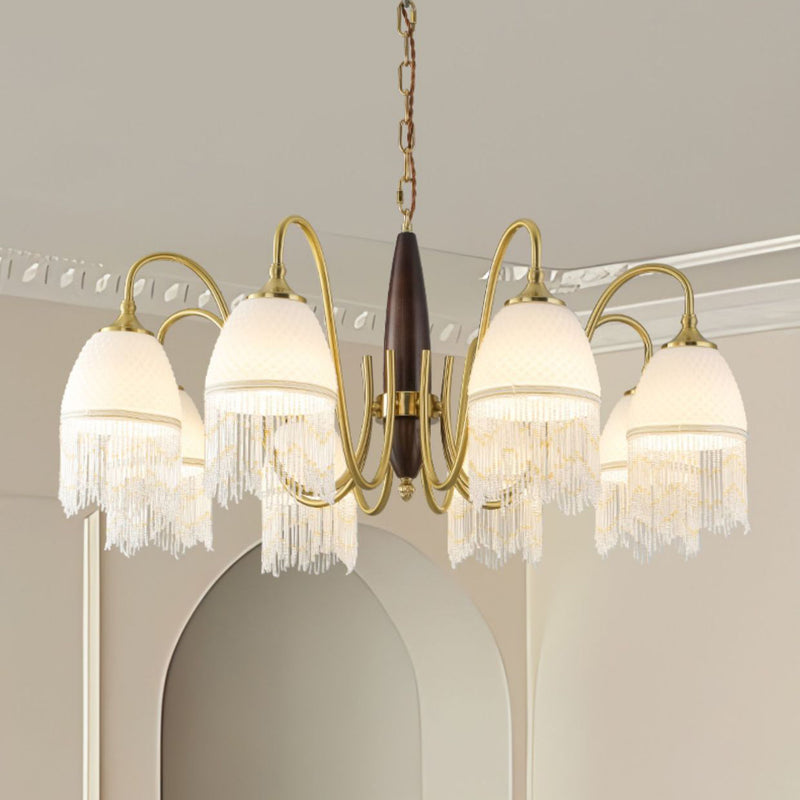 Traditional French Tassel Round Oval Iron Wood Glass 3/5/8 Light Chandelier For Living Room