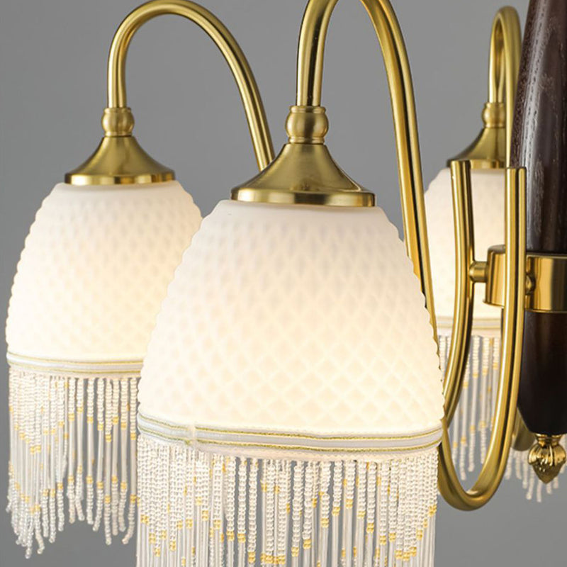 Traditional French Tassel Round Oval Iron Wood Glass 3/5/8 Light Chandelier For Living Room