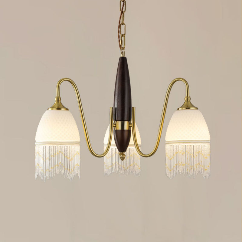 Traditional French Tassel Round Oval Iron Wood Glass 3/5/8 Light Chandelier For Living Room