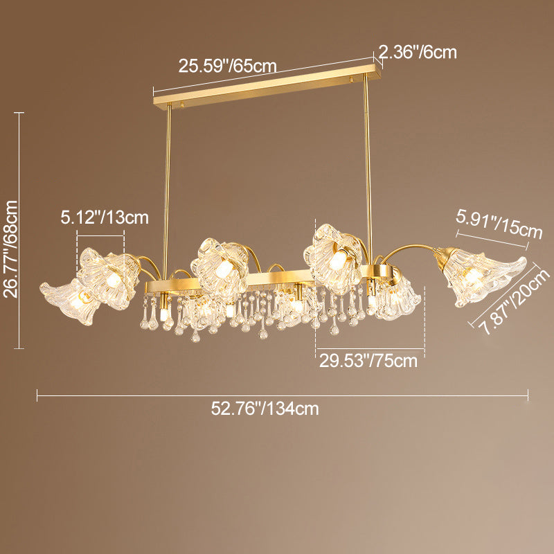 Modern Luxury Flower Shape Linear Rectangle Copper Glass 12-Light Island Light Chandelier For Dining Room